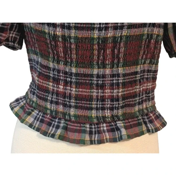 American Eagle Smocked Plaid Crop Top Short Puff Sleeve Square Neck M Y2K Retro - Picture 3 of 10